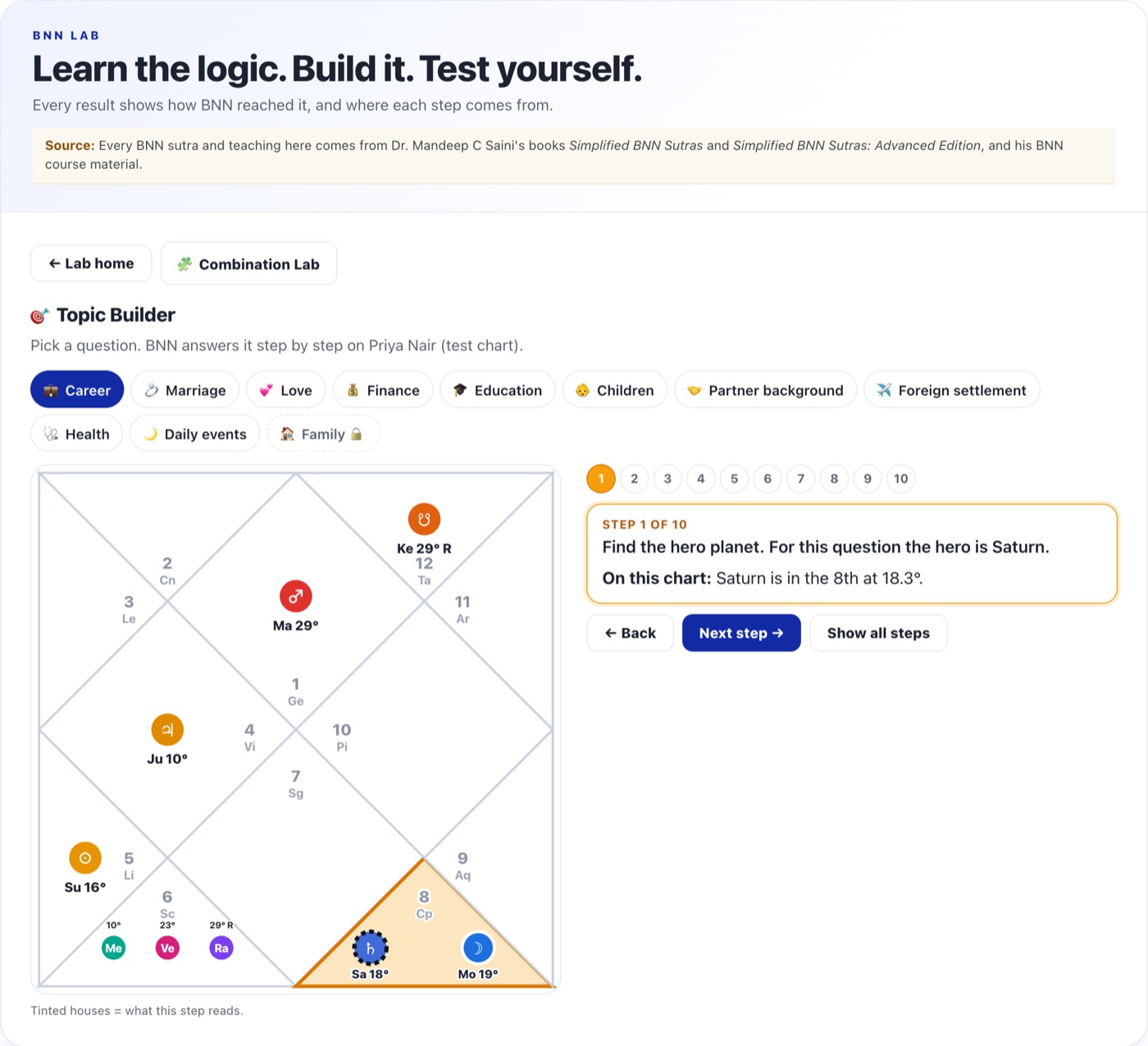 The Topic Builder: career on a test chart, step 1 of 10, finding the hero planet, with the houses it reads tinted